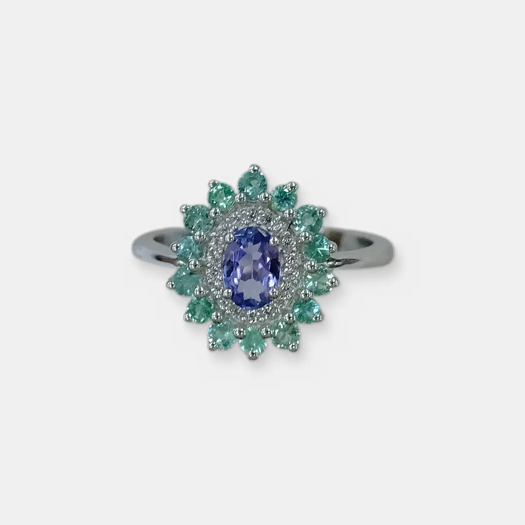 Серебряное кольцо с танзанитом и изумрудами